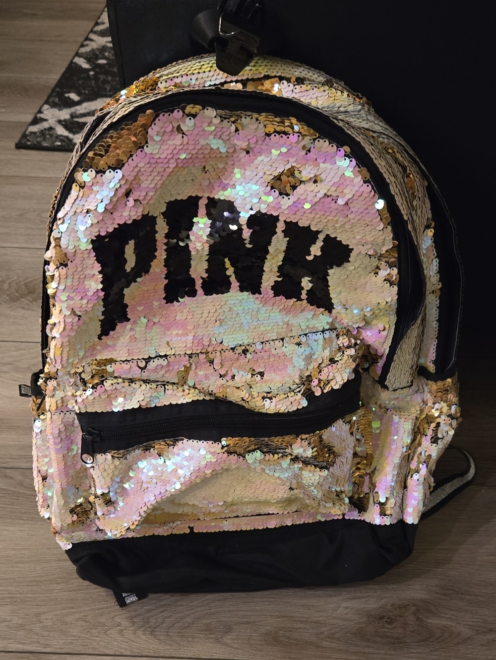 Victoria’s Secret PINK Flip Sequin Campus Backpack Gold Iridescent Black Logo